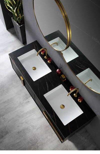 Nero-Black with brushed gold wall hung double sinks bathroom vanity 62"