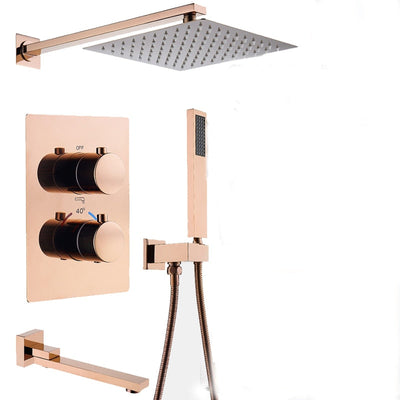 Rose Gold Polished Square 12" Inch Rain head 2 or 3 way function diverter thermostatic shower kit