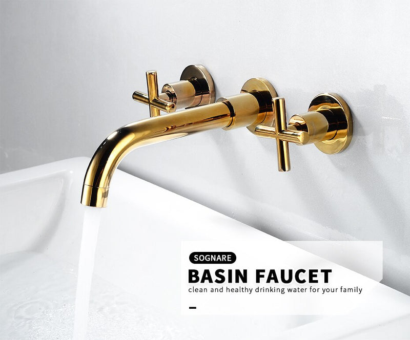 Gold Polished Cross Handle Wallmounted bathroom faucet (Copy)