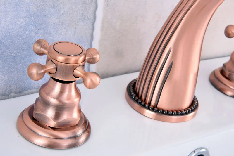 Copper satin victoria cross handle 8" inch wide spread bathroom faucet