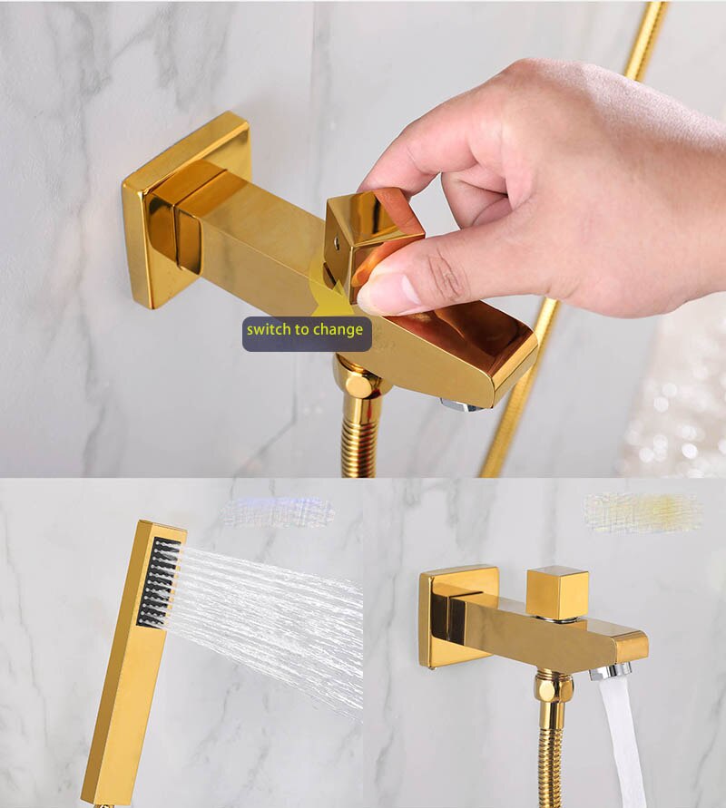 Gold polished - Waterfall- Rain Head Shower Thermostatic 4 Way Complete System Set