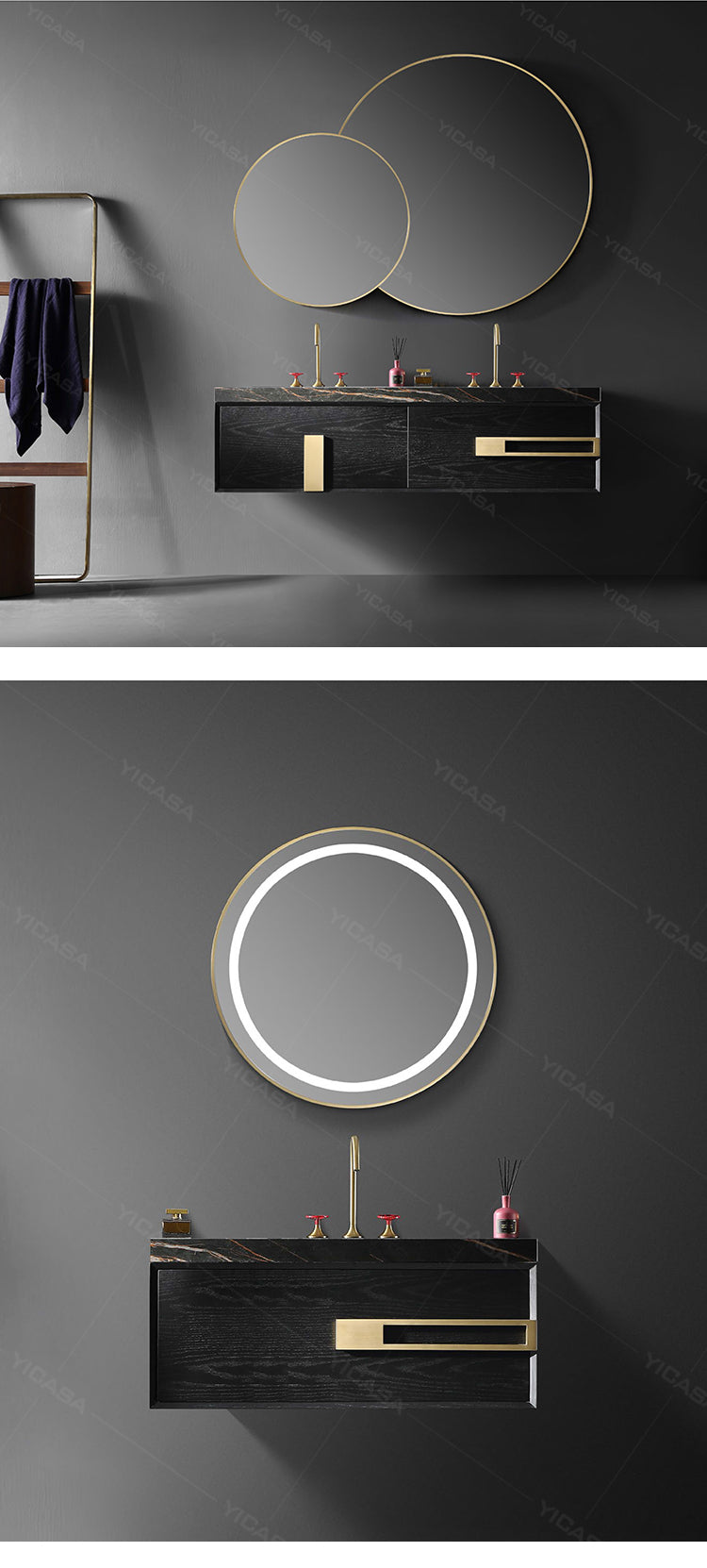 Nero-Black with brushed gold wall hung double sinks bathroom vanity 62"