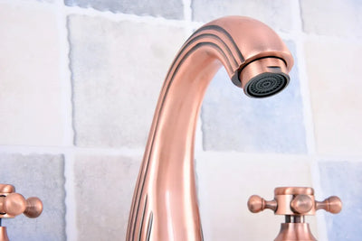 Copper satin victoria cross handle 8" inch wide spread bathroom faucet