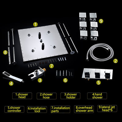 Chrome 20"x20" Rain head thermostatic 4 way function diverter completer shower kit