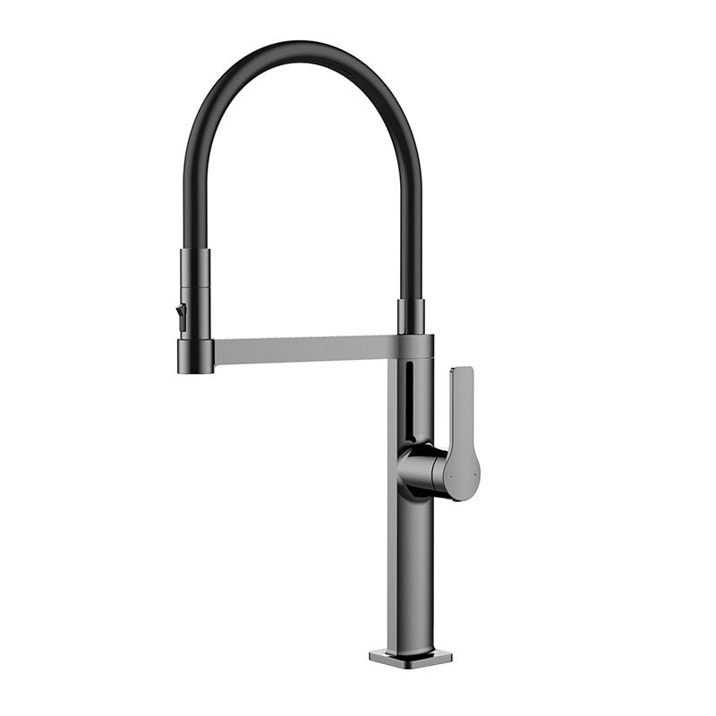 Barolo-Nordic design-Black with brushed gold -black matte- tall 21" pull our dual spray kitchen faucet