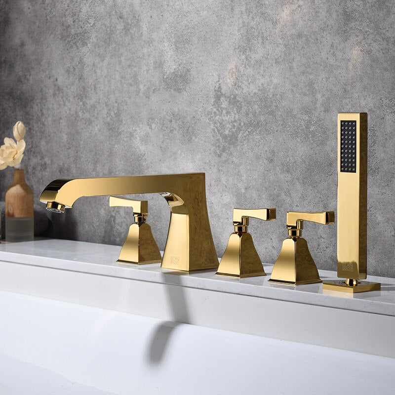 Art deco-Gold polish brass 5 holes deck mounted bathtub filler faucet set