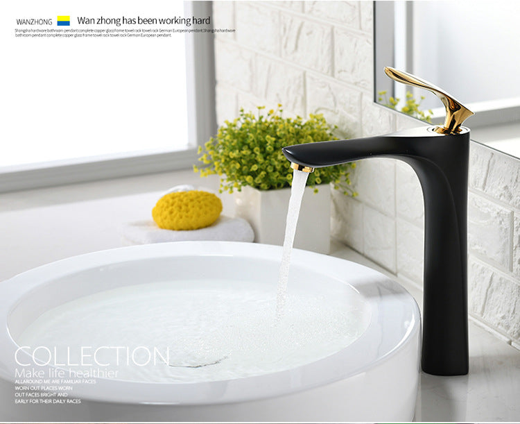 White with gold single hole bathroom faucet short and tall