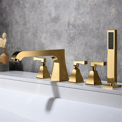 Art deco-Gold polish brass 5 holes deck mounted bathtub filler faucet set