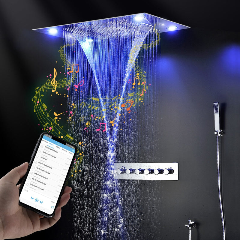 Chrome 23"x15" Ceiling Mount Rain Waterfall Bluetooth Music 5 Way Function Diverter LED Spa Shower System