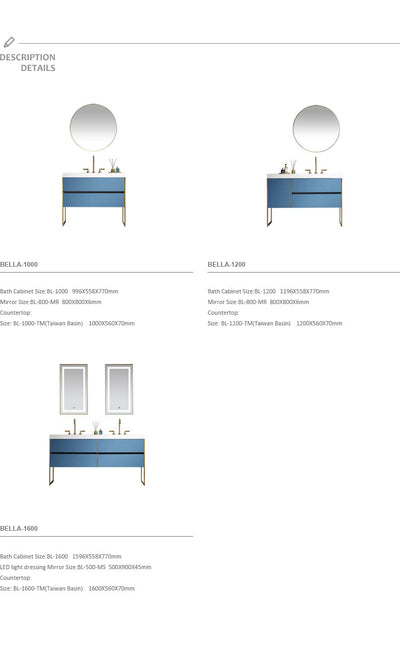 BELLA-Sky blue - freestanding bathroom vanity with brushed gold trim 48"