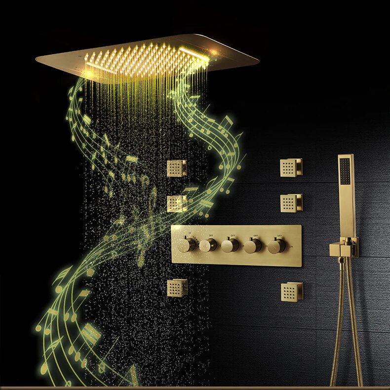 Gold Polished brass 23"x15" Rain Shower Spa Systems Bluetooth Music LED Shower Head Waterfall  Thermostatic Concealed Mixer Shower Speaker