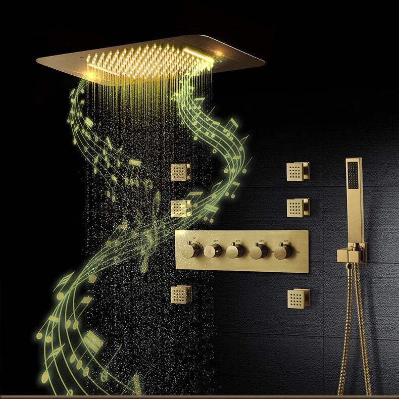 Brushed Gold Thermostatic Shower System Smart LED 23"x15" Ceiling Rain Shower Panel 5 function diverter, hand spray and 6 jet massage spray spa system set