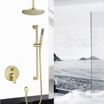 Brushed Gold - Round 12 Inch Rain Shower Head 2 Way Diverter Pressure Balance Shower Kit