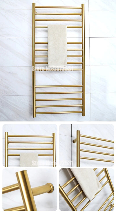 Gold polished brass electric hardwired towel warmer CSA size 43" x 24"