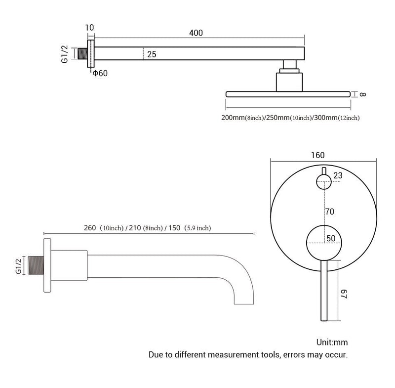 Brushed nickel 8-12 Inch Round rain head 2 and 3 way function shower kit