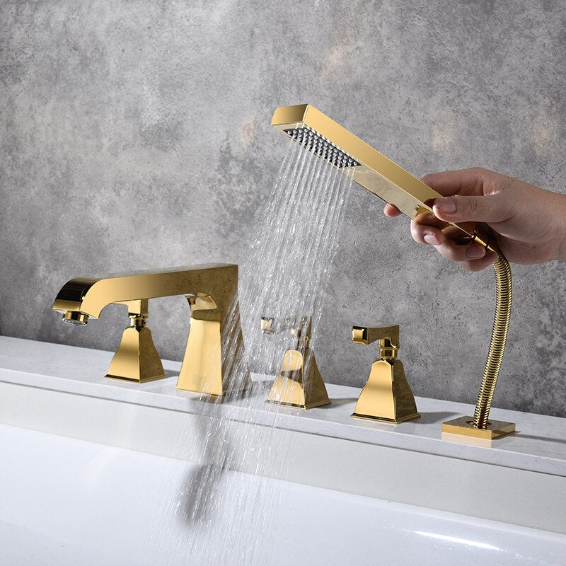 Art deco-Gold polish brass 5 holes deck mounted bathtub filler faucet set