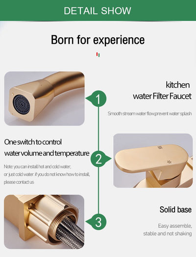 Brushed gold square kitchen faucet dual pull out sprayer