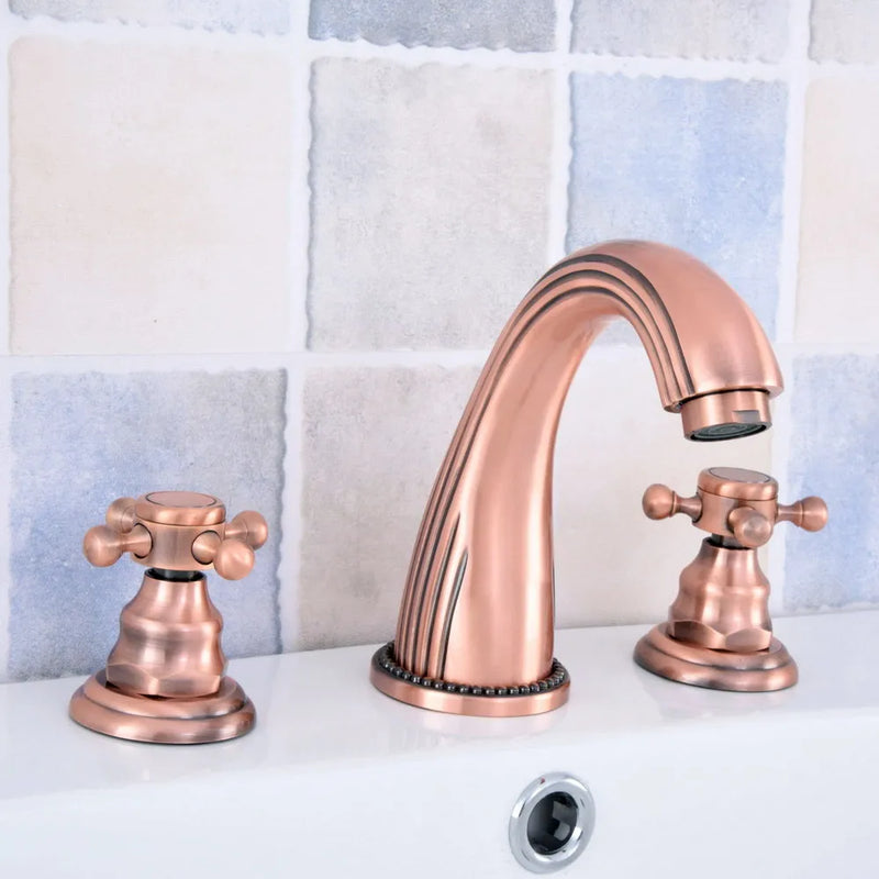 Copper satin victoria cross handle 8" inch wide spread bathroom faucet