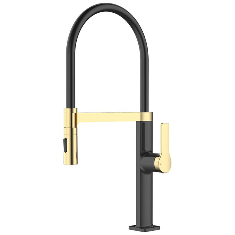 Barolo-Nordic design-Black with brushed gold -black matte-gun grey tall 21" pull our dual spray kitchen faucet