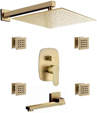 Brushed gold square 12" Inch rain head 3 way function body jets or tub filler shower kit