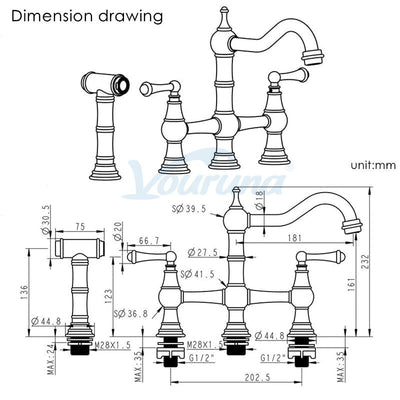 Brushed gold Victoria Bridge Kitchen Faucet With Side Pull Out Sprayer