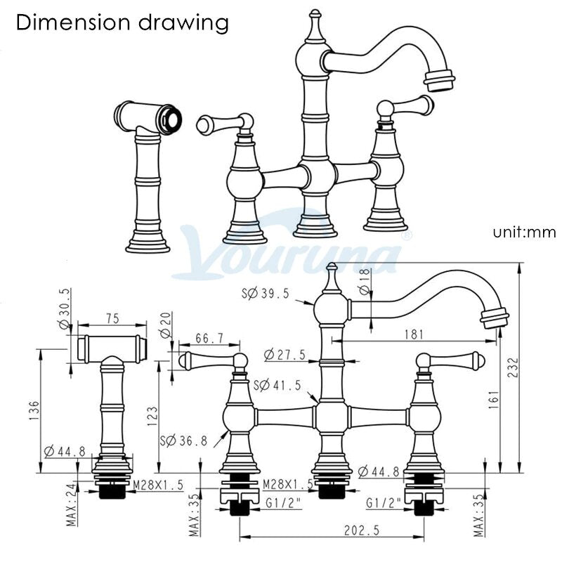 Brushed gold Victoria Bridge Kitchen Faucet With Side Pull Out Sprayer