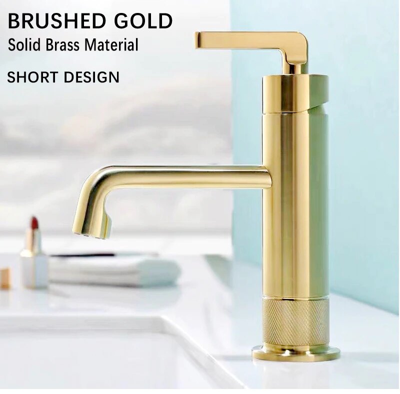 Brushed gold-Grey Gun short bathroom faucet