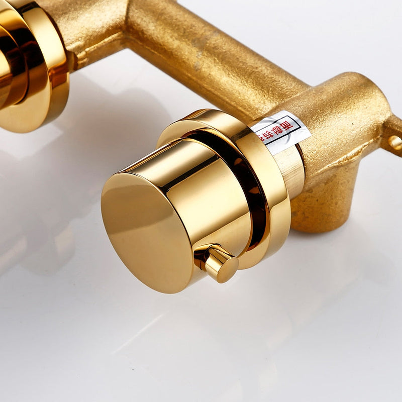 Gold polished brass wallmounted with 2 round knobs bathroom faucet