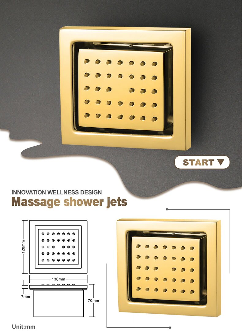 Gold polish Led spa shower system X 4 jets 23"x15" rain head