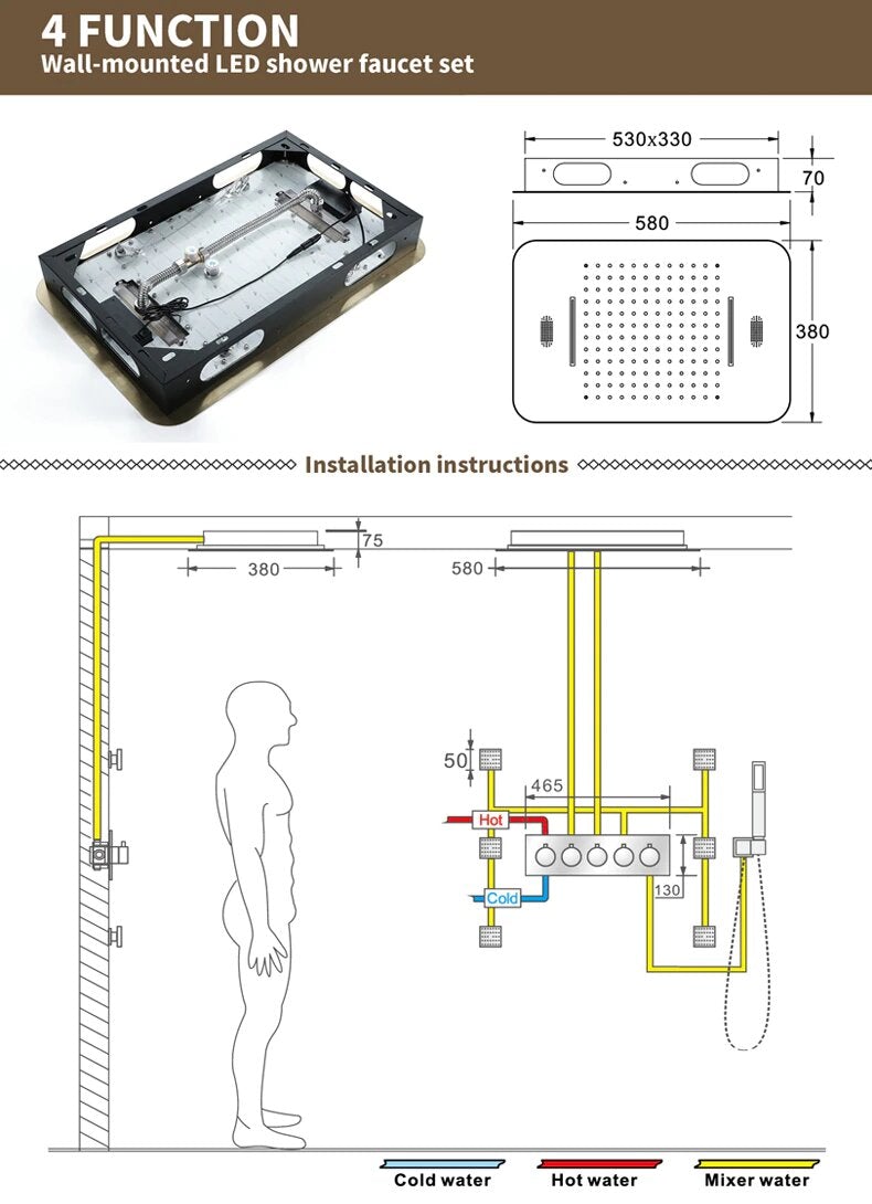 Brushed Gold Thermostatic Shower System Smart LED 23"x15" Ceiling Rain Shower Panel 5 function diverter, hand spray and 6 jet massage spray spa system set