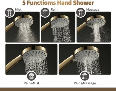 Brushed Gold Thermostatic Shower System Smart LED 23"x15" Ceiling Rain Shower Panel 5 function diverter, hand spray and 6 jet massage spray spa system set