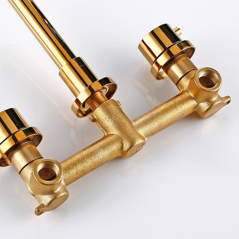 Gold polished brass wallmounted with 2 round knobs bathroom faucet