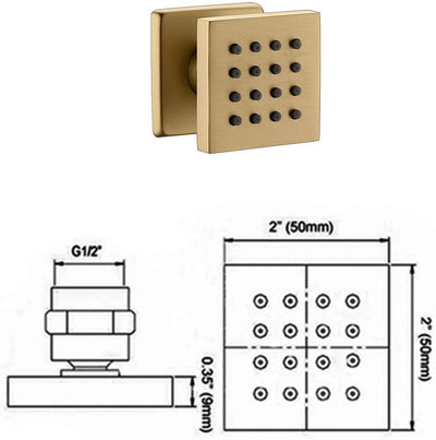 Brushed gold square 12" Inch rain head 3 way function body jets or tub filler shower kit