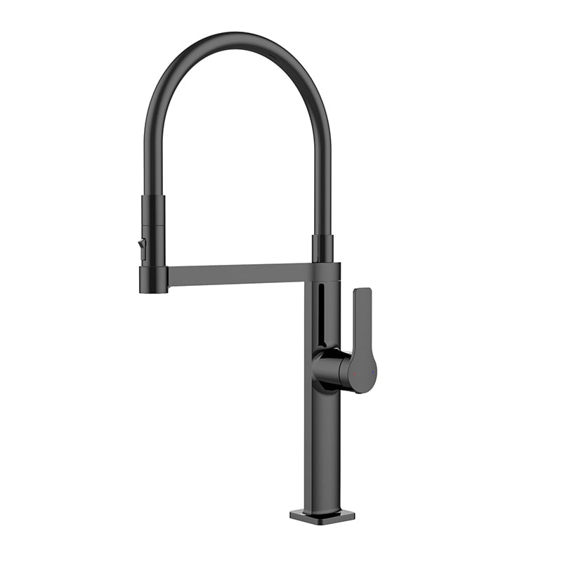 Barolo-Nordic design-Black with brushed gold -black matte- tall 21" pull our dual spray kitchen faucet