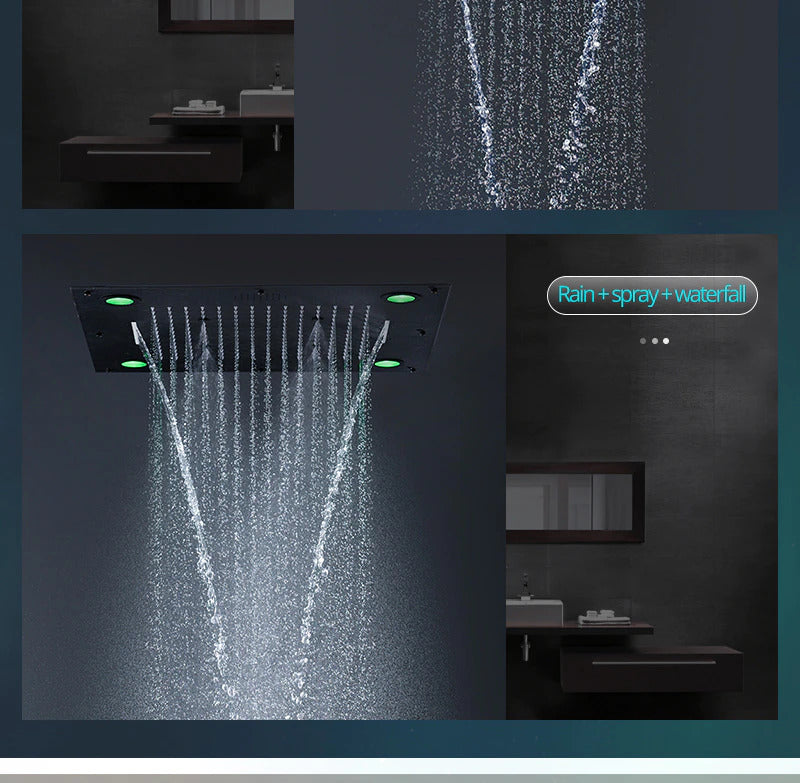 24"x24" Black matte Spa smart Bluetooth music shower ceiling flushmounted Ceiling  LED 5 way function shower system