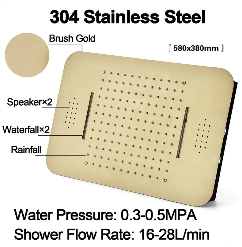 Gold Polished brass 23"x15" Rain Shower Spa Systems Bluetooth Music LED Shower Head Waterfall  Thermostatic Concealed Mixer Shower Speaker