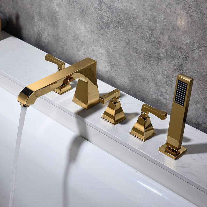 Art deco-Gold polish brass 5 holes deck mounted bathtub filler faucet set