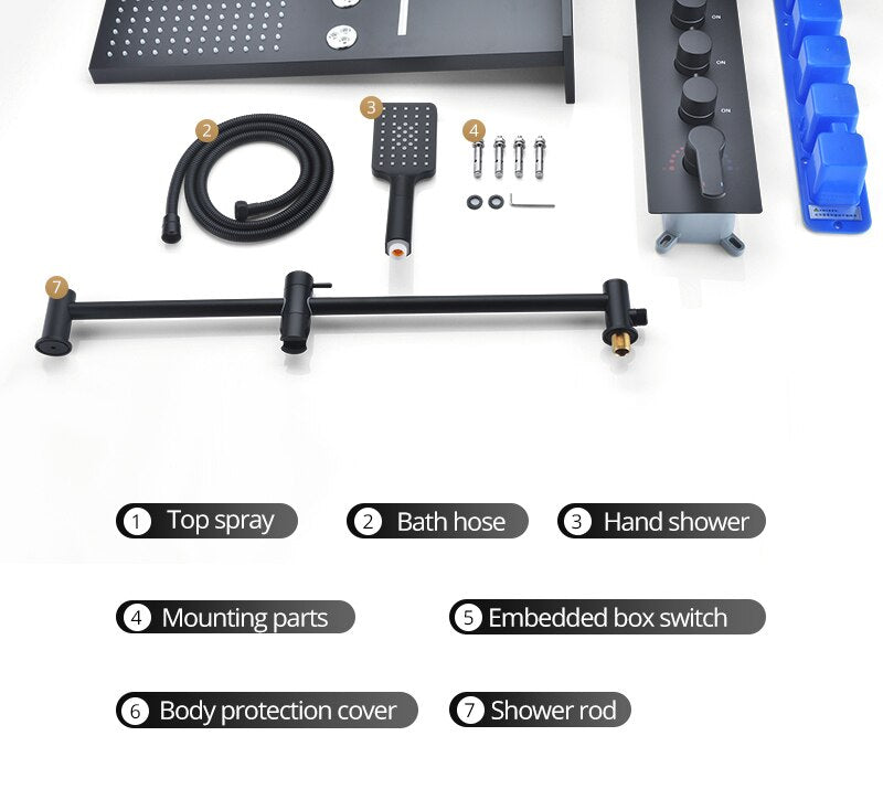 Black 22"Waterfall Rain Thermostatic Shower System 4 Way Function Completed Set