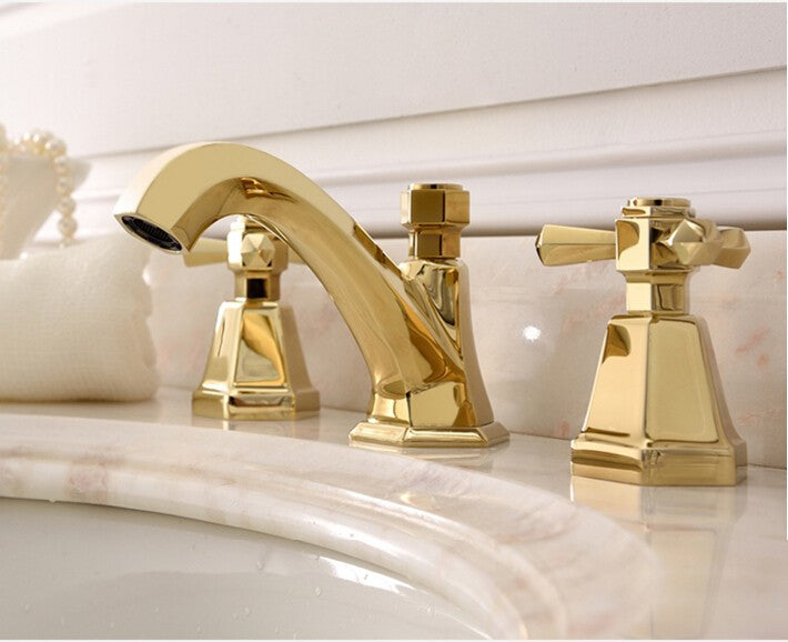 Gold Polished Art Deco Design Cross Handles 8 Inch Wide Spread Bathroom Faucet