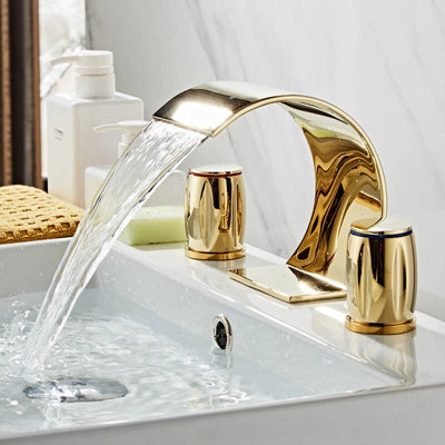 Gold polished waterfall 8" Inch wide Spread Bathroom Faucet