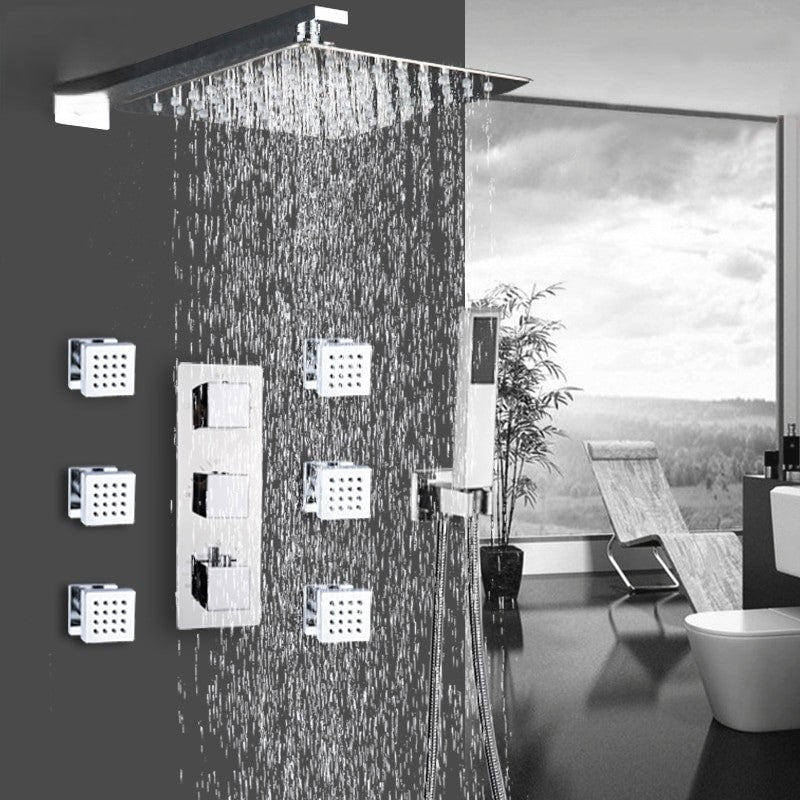 Chrome square rain head thermostatic 3 way function diverter shower kit