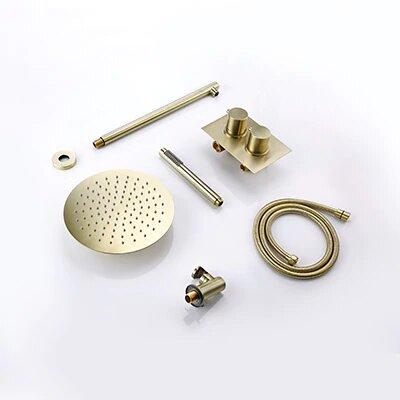 Brushed Gold 10" Inch Round Rain head  Thermostatic Pressure balance 2 way functions shower kit