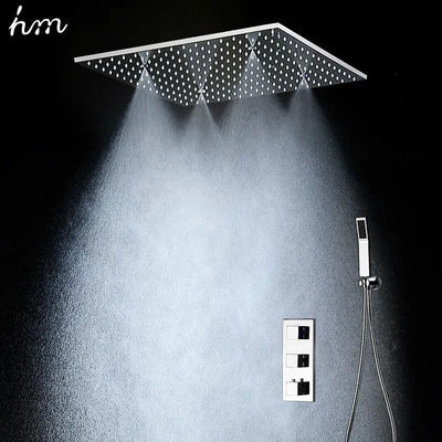 hm High Quality Thermostatic Shower System Set 20Inch Square Ceilling Massage Misty Rainfall Shower Head Faucet Chrome Polished