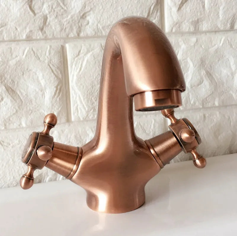 Copper satin victorian hot and cold cross handles single hole bathroo faucet