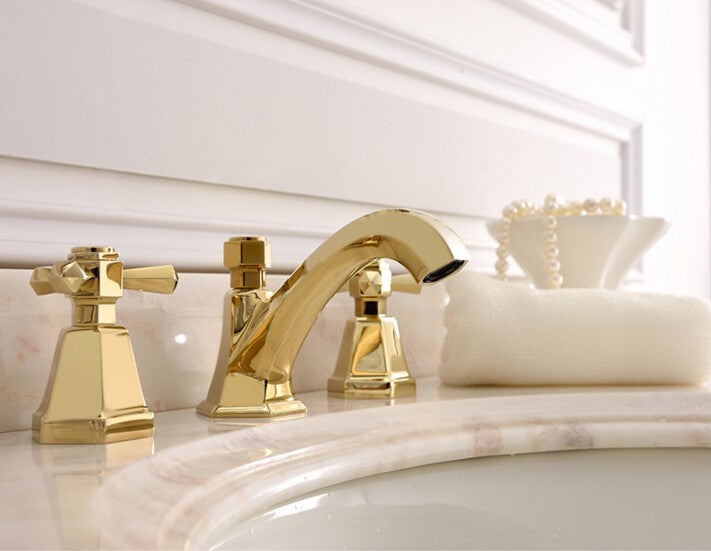 Gold Polished Art Deco Design Cross Handles 8 Inch Wide Spread Bathroom Faucet