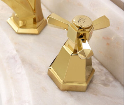 Gold Polished Art Deco Design Cross Handles 8 Inch Wide Spread Bathroom Faucet