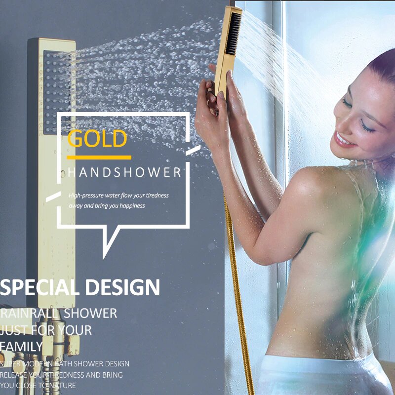 Gold Polished LED Square Rain Head 3 Way Mixer Valve Thermostatic Shower With 6 Body Jet Massage Sprayer Kit