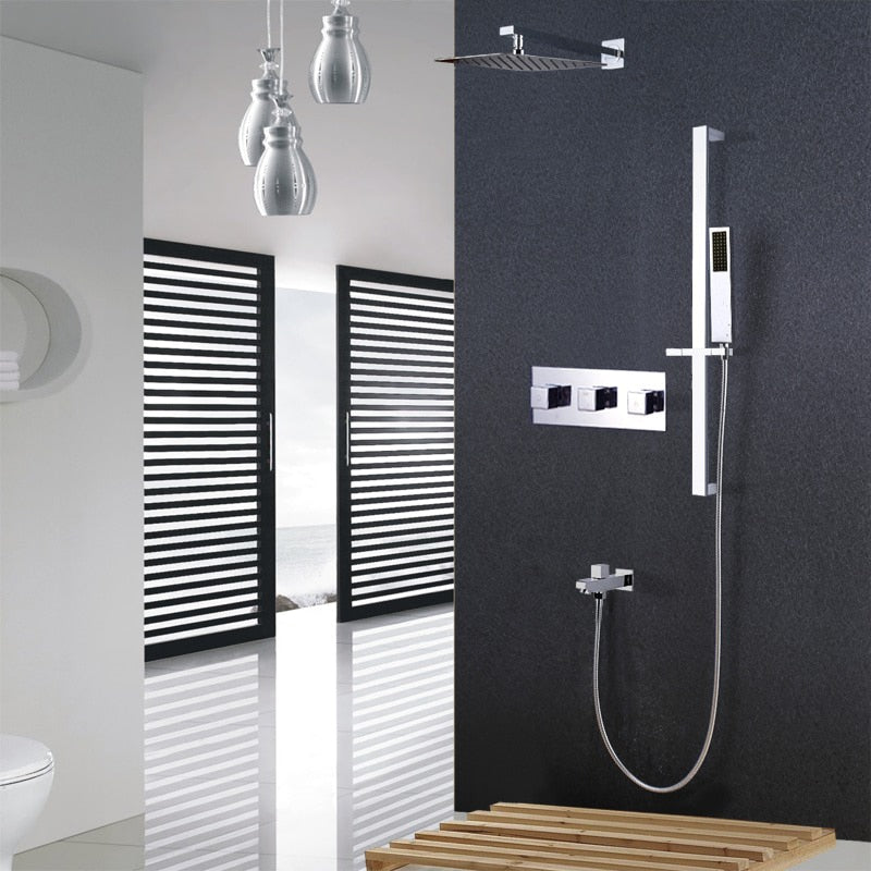 Chrome Square 10" inch Rain head Thermostatic 3 Way Tub and Slide Bar Hand Sprayer Shower Kit