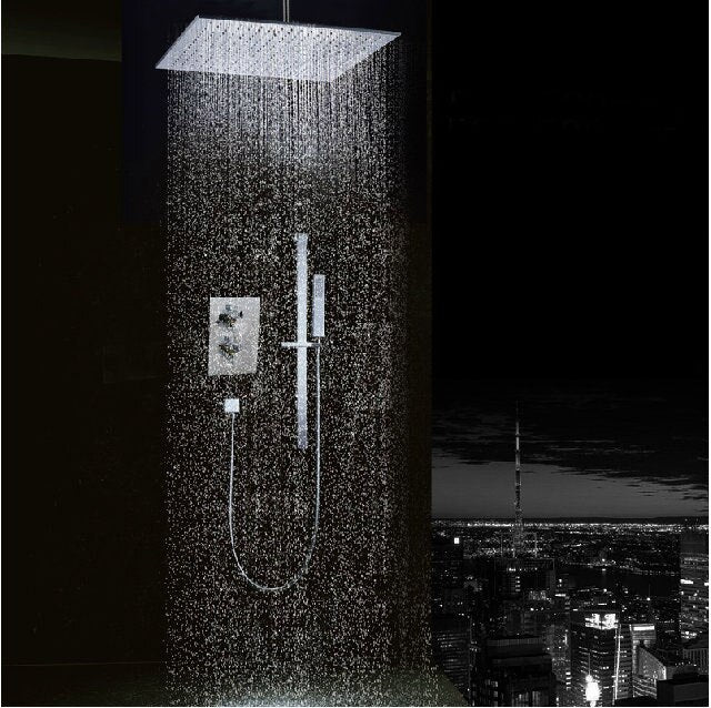 Chrome square 12" inch ceiling mount rain head 2 way function diverter hand spray thermostatic shower kit