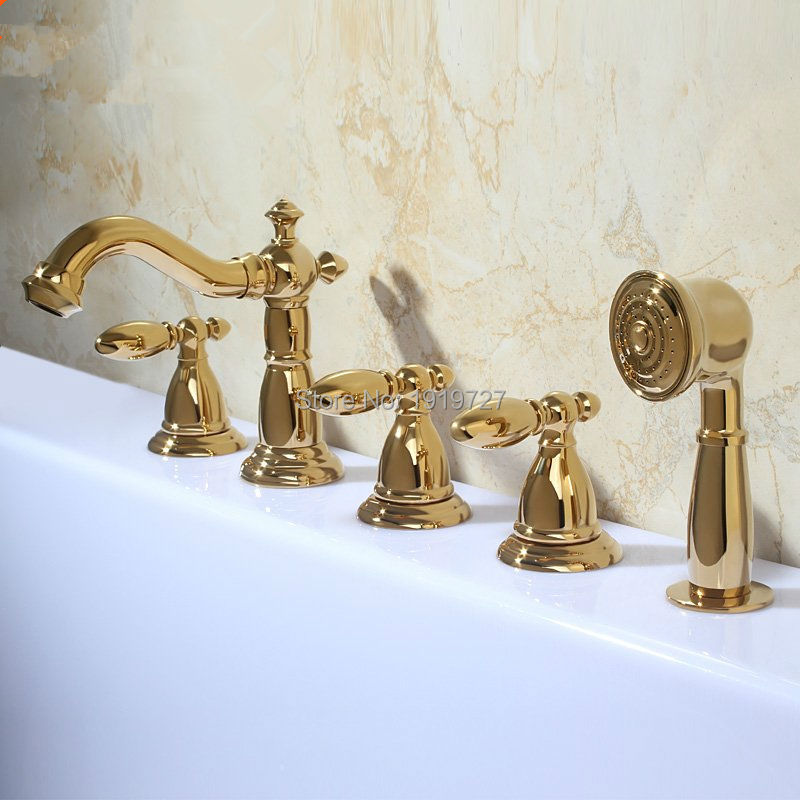 Gold Brass Polish Victoria Roman deckmount Bathtub Filler Faucet 5 holes